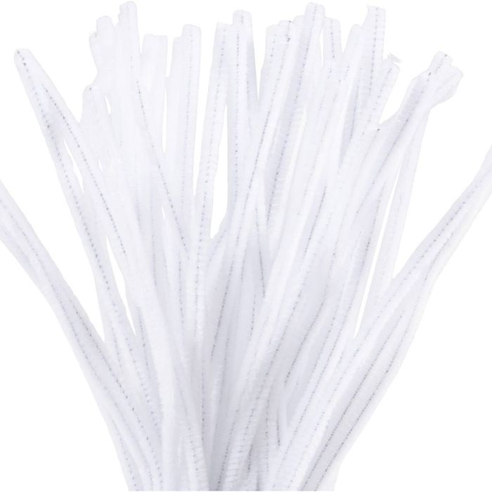 Chenille, L: 30 cm, dikte 6 mm, wit, 50 stuk/ 1 doos