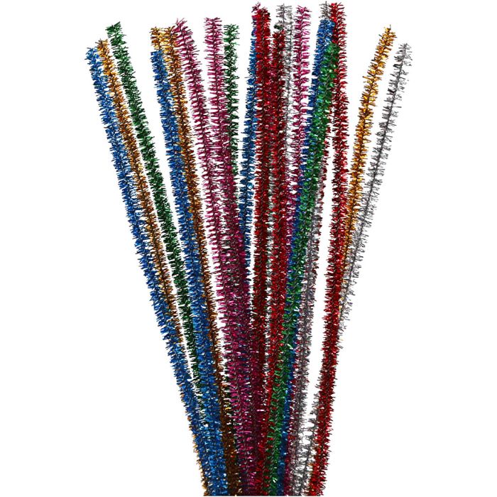 Chenille, L: 30 cm, dikte 6 mm, glitter, sterke kleuren, 24 div/ 1 doos