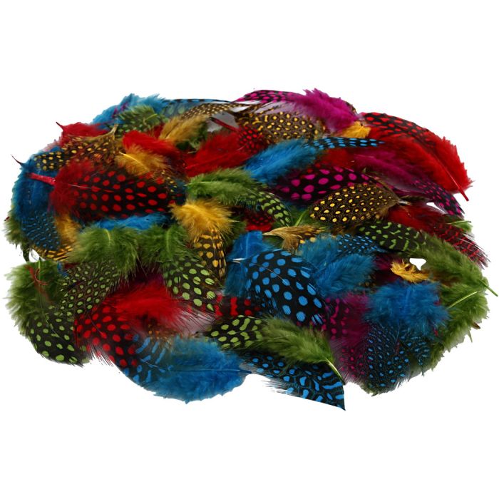 Veren van parelhoen, ca. 1500 stuk, diverse kleuren, 50 gr/ 1 doos