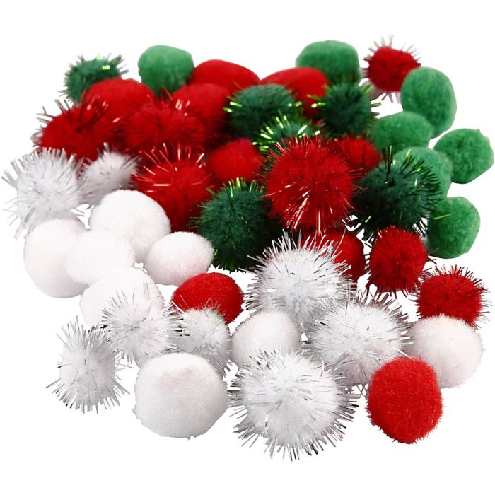 Pompons, d 15+20 mm, groen, rood, wit, 48 stuk/ 1 doos