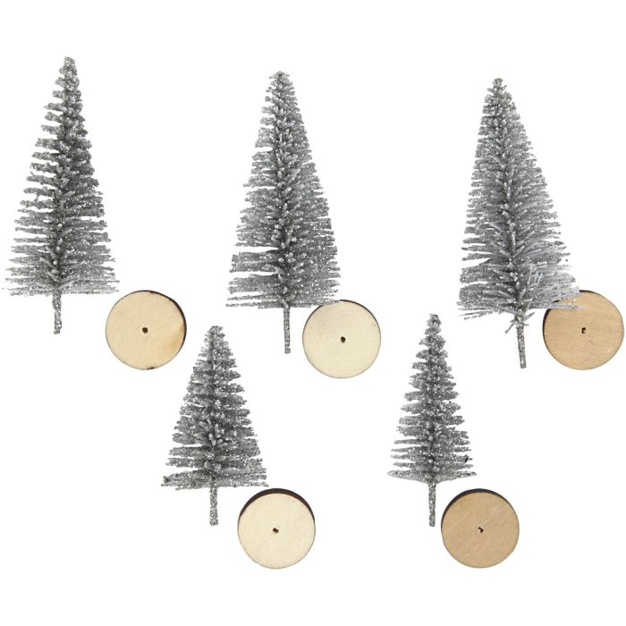 Kerstbomen, H: 40+60 mm, zilver, 5 stuk/ 1 doos