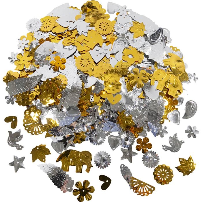 Pailletten, afm 15-45 mm, goud, zilver, 400 gr/ 1 doos