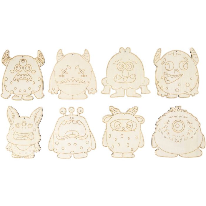 Houten figuren, Monsters, H: 12,4 cm, dikte 3 mm, 8 stuk/ 1 doos
