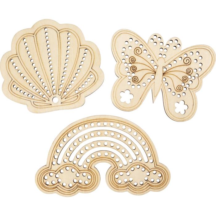 Houten vorm met gaten, Regenboog, schelp, vlinder, afm 7,5-13 cm, 24 stuk/ 1 doos
