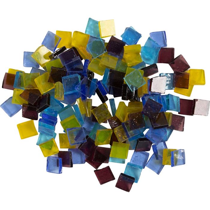 Glas mozaiek tegels, afm 10x10 mm, dikte 3 mm, transparant, blauw, lichtblauw, paars, geel, 454 gr/ 1 doos