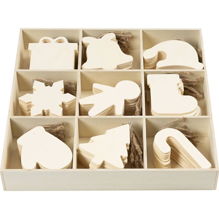 Houten decoraties, Kerstfiguren, afm 7-9 cm, dikte 4 mm, 90 stuk/ 1 doos