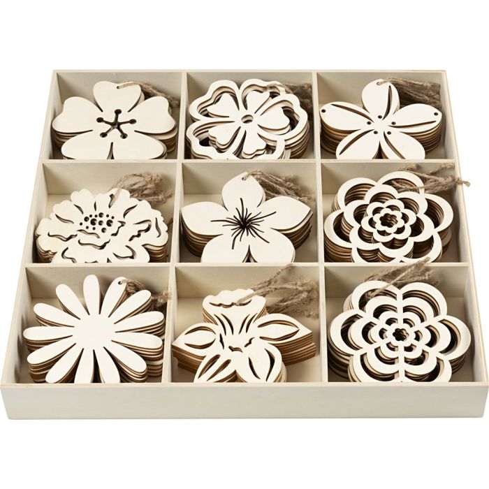Houten figuren, d 100 mm, dikte 3 mm, bloemen, 90 stuk/ 1 doos
