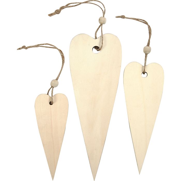 Houten decoraties, lang hart, H: 12+16+20 cm, dikte 5 mm, 3 stuk/ 1 doos