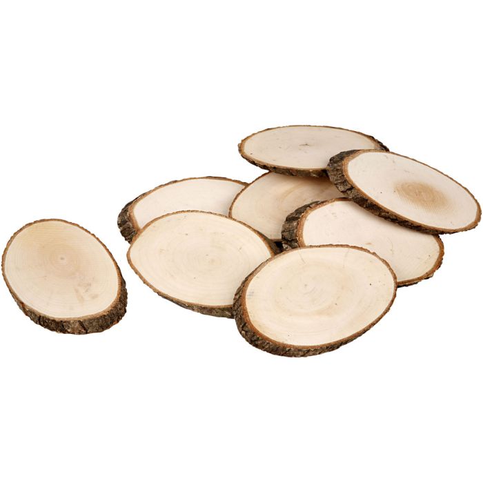 Houten schijf met bast, afm 11x7,5 cm, dikte 8 mm, 12 stuk/ 1 doos