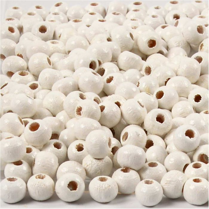 Houten Kralen, d 5 mm, gatgrootte 1,5 mm, ca. 150 stuk, wit, 6 gr/ 1 doos