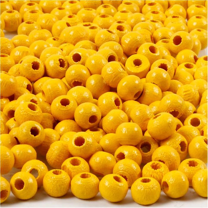 Houten Kralen, d 5 mm, gatgrootte 1,5 mm, ca. 150 stuk, geel, 6 gr/ 1 doos