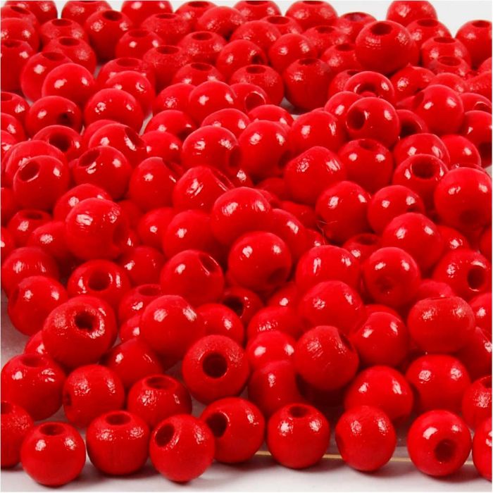 Houten Kralen, d 5 mm, gatgrootte 1,5 mm, ca. 150 stuk, rood, 6 gr/ 1 doos