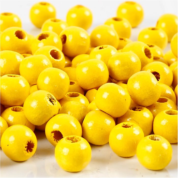 Houten Kralen, d 8 mm, gatgrootte 2 mm, ca. 80 stuk, geel, 15 gr/ 1 doos