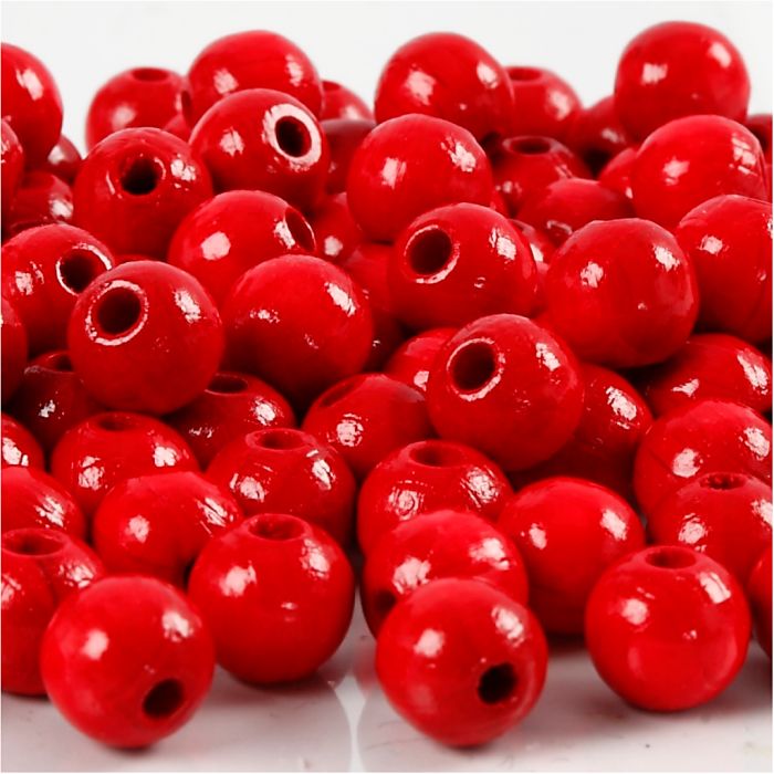 Houten Kralen, d 8 mm, gatgrootte 2 mm, ca. 80 stuk, rood, 15 gr/ 1 doos