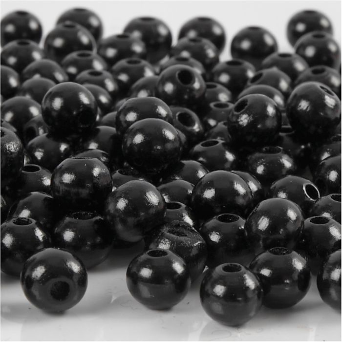 Houten Kralen, d 8 mm, gatgrootte 2 mm, ca. 80 stuk, zwart, 15 gr/ 1 doos