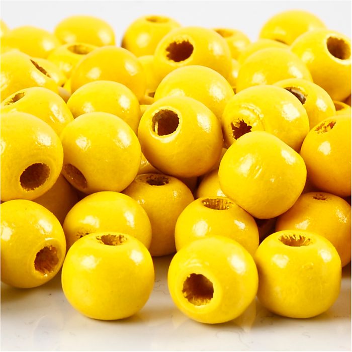 Houten Kralen, d 10 mm, gatgrootte 3 mm, ca. 70 stuk, geel, 20 gr/ 1 doos