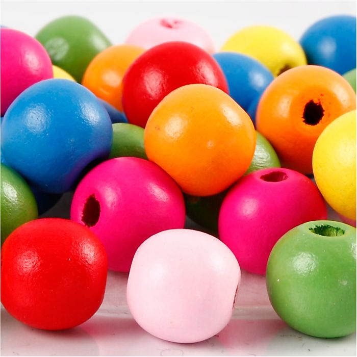Houten kralen, d 12 mm, gatgrootte 2,5-3 mm, ca. 40 div, diverse kleuren, 22 gr/ 1 doos