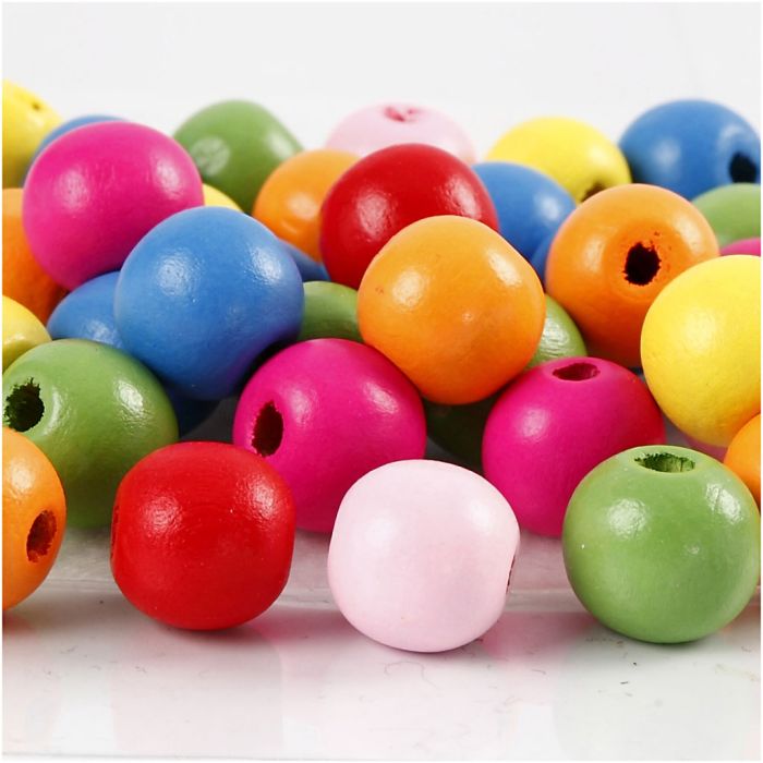 Houten kralen, d 12 mm, gatgrootte 2,5-3 mm, ca. 800 stuk, diverse kleuren, 500 gr/ 1 zak