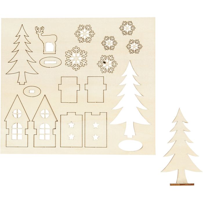 DIY Houten figuren, huis, bomen, hert, L: 15,5 cm, B: 17 cm, dikte 3 mm, 1 doos