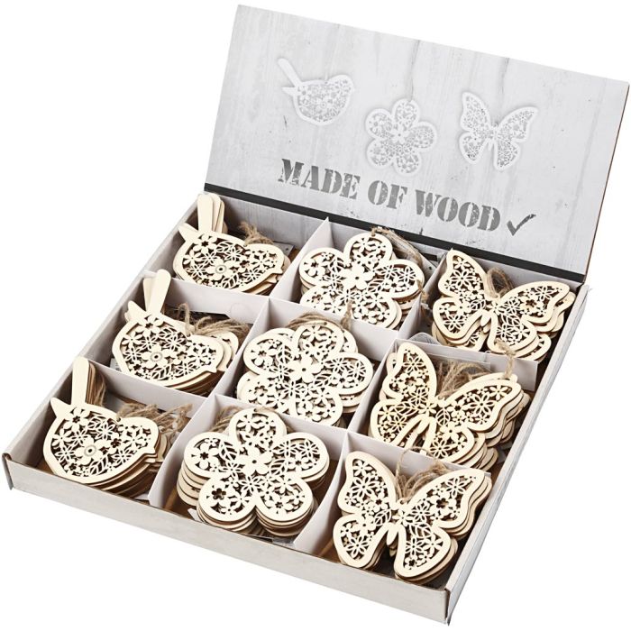 Houten figuren, vlinder, bloem en vogel, H: 10 cm, B: 10 cm, 90 stuk/ 1 doos