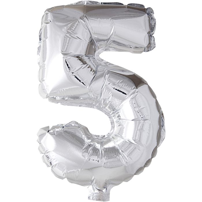 Folieballon , 5, H: 41 cm, zilver, 1 stuk
