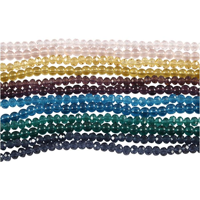 Glas en Facet kralen, d 4 mm, gatgrootte 1 mm, 12x45 stuk/ 1 doos