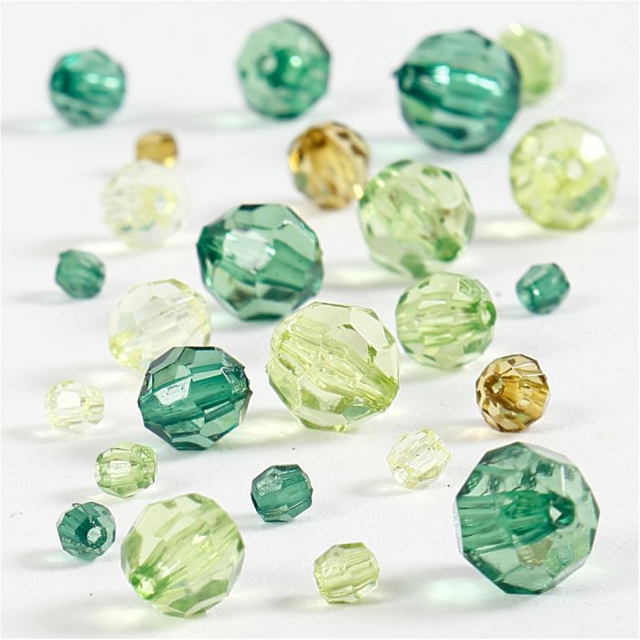 Facet kralen, afm 4-12 mm, gatgrootte 1-2,5 mm, ca. 170 stuk, groen glitter, 45 gr/ 1 doos