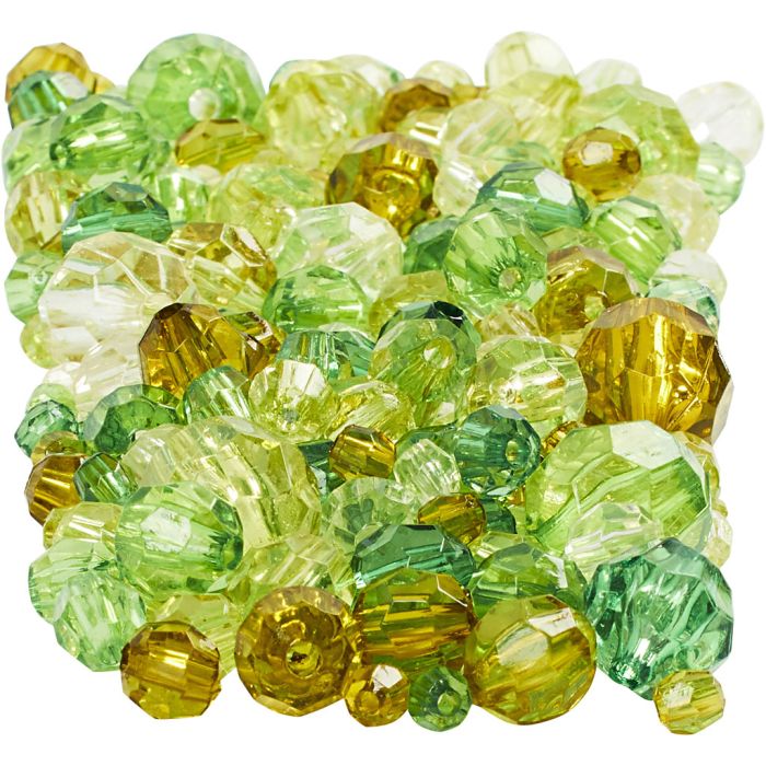 Facet kralen, afm 4-12 mm, gatgrootte 1-2,5 mm, ca. 860 stuk, groen glitter, 250 gr/ 1 doos