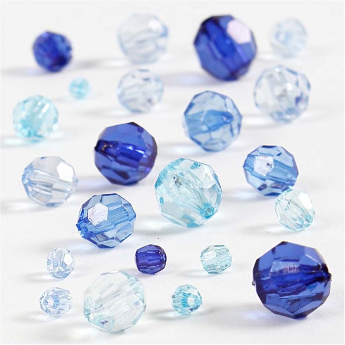 Facet kralen, afm 4-12 mm, gatgrootte 1-2,5 mm, ca. 170 stuk, blauw harmonie, 45 gr/ 1 doos