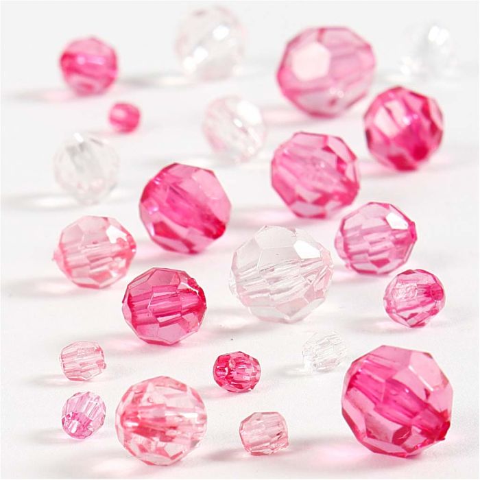 Facet kralen, afm 4-12 mm, gatgrootte 1-2,5 mm, ca. 170 stuk, roze, 45 gr/ 1 doos