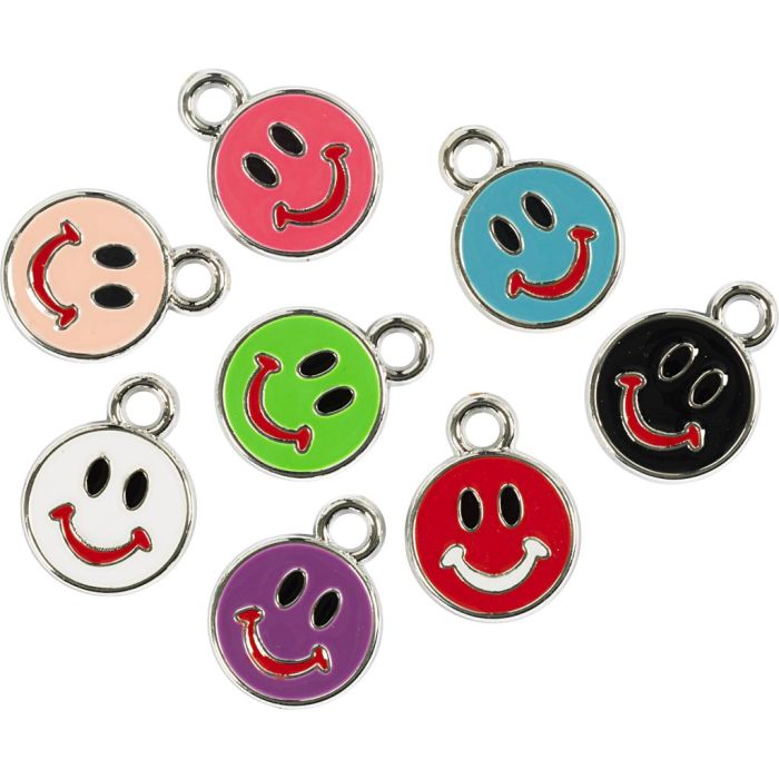 Zilveren bedels, emojis, diverse kleuren, 8 stuk/ 1 doos