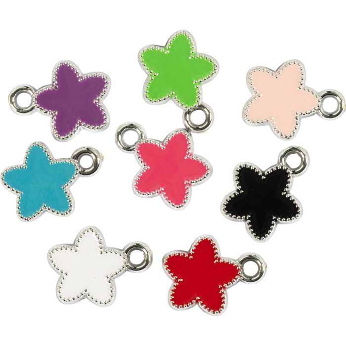 Zilveren bedels, ster, diverse kleuren, 8 stuk/ 1 doos