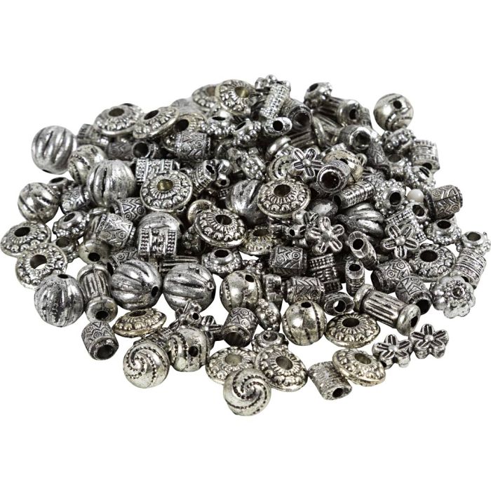 Kralen mix, d 3-20 mm, gatgrootte 1,5-3 mm, zilver, 50 gr/ 1 doos