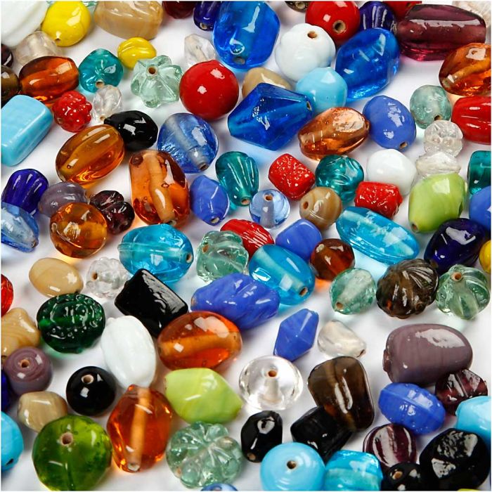 Glaskralen, afm 7-18 mm, gatgrootte 1 mm, ca. 600 stuk, diverse kleuren, 1000 gr/ 1 doos