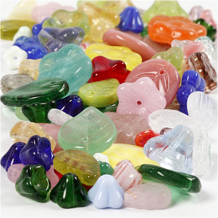 Glazen kralen, bladeren, bloemen, d 6-17 mm, gatgrootte 0,5-1,5 mm, diverse kleuren, 60 gr/ 1 doos