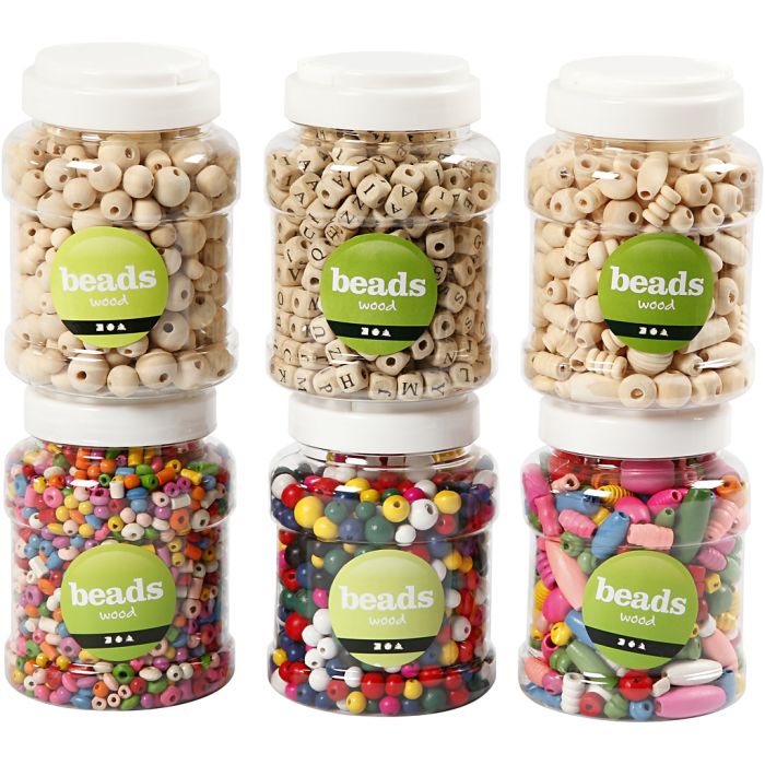Houten kralen, d 5-25 mm, 6x200 gr, 6x400 ml/ 1 doos