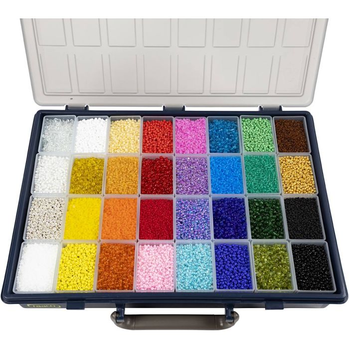 Rocailles, d 1,7+3+4 mm, afm 6/0+8/0+12/0, gatgrootte 0,5-1,2 mm, kleuren kan variëren , diverse kleuren, 32x100 gr/ 1 doos