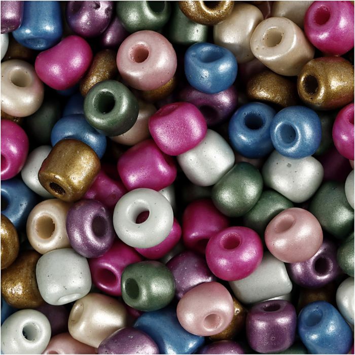 Rocailles, d 5 mm, afm 4/0, gatgrootte 1,2 mm, ca. 500 stuk, metallic kleuren, 130 gr/ 1 doos