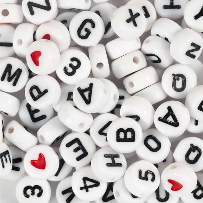Letterkralen, afm 7 mm, gatgrootte 1,2 mm, ca. 200 stuk, wit, 25 gr/ 1 doos