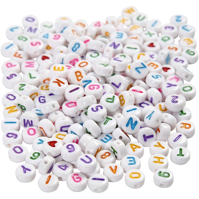 Letterkralen, afm 7 mm, gatgrootte 1,2 mm, ca. 1500 stuk, wit, 200 gr/ 1 doos