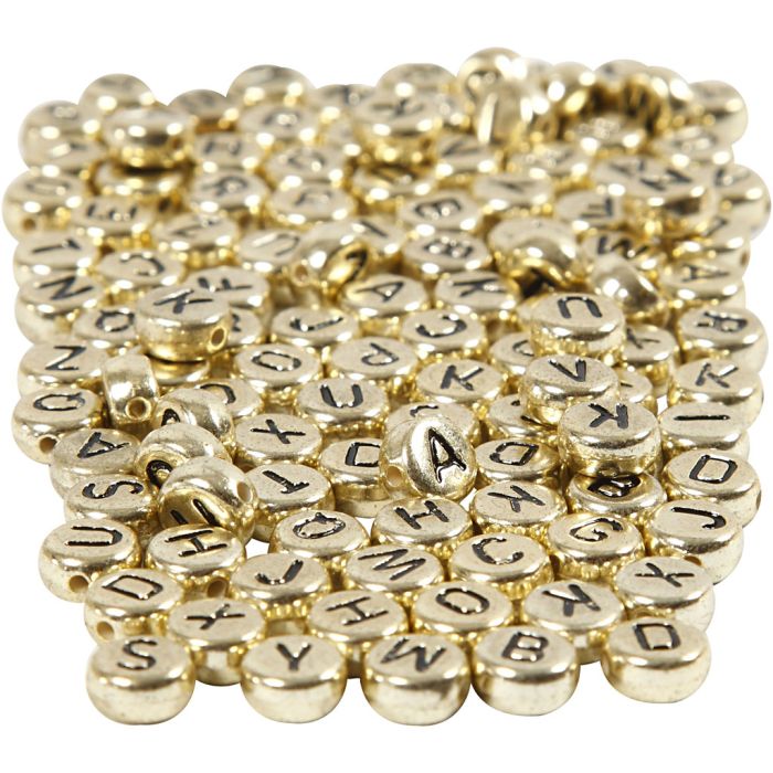 Letterkralen, d 7 mm, gatgrootte 1 mm, ca. 1500 stuk, goud, 165 gr/ 1 doos