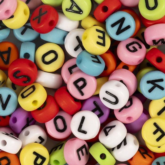 Ronde letterkralen, d 7 mm, gatgrootte 1-2 mm, ca. 200 stuk, diverse kleuren, 25 gr/ 1 doos