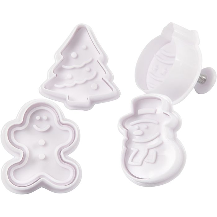 Uitsteekvormen met stempel, kerstboom, sneeuwpop, koekeman, kerstbal, H: 5 cm, wit, 4 stuk/ 1 doos