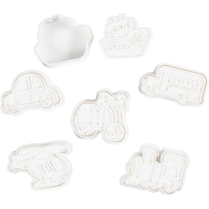 Uitsteekvormen met stempel, Transport, afm 3,5-5,5 cm, wit, 6 stuk/ 1 doos