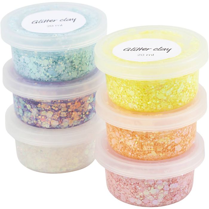 Glitter Clay, pastelkleuren, 6x20 gr/ 1 doos