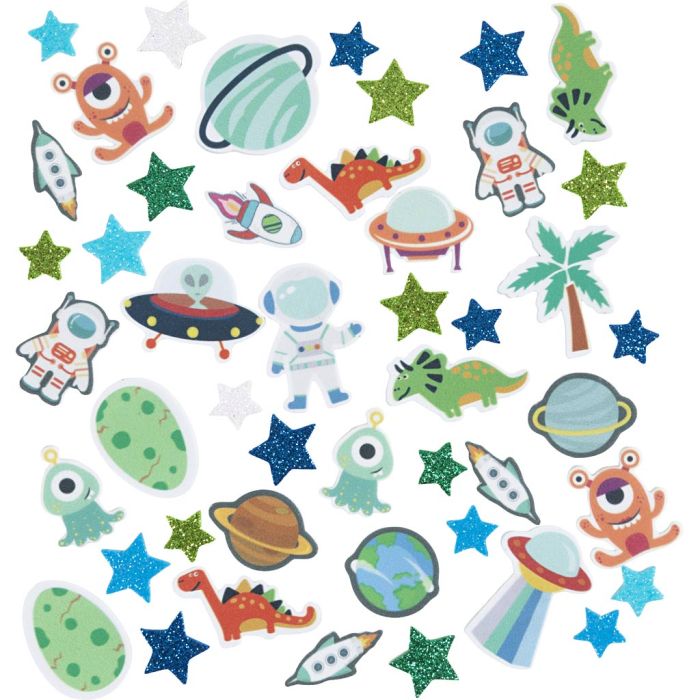 Foam stickers, Ster, UFO, dinosaurus, zelfklevend, afm 13-40 mm, blauw/grijs harmonie, 150 stuk/ 1 doos