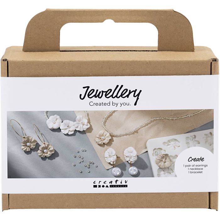 Mini Hobbyset Sieraden, Oorbellen, armband en halsketting met bloemontwerp, beige, licht beige, beige, 1 doos