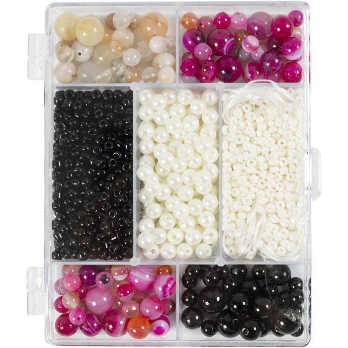 Creatieve Box Sieraden, Agaten, afm 2,6-10 mm, gatgrootte 0,8-1,8 mm, ca. 2740 stuk, beige, zwart, roze, wit parelmoer, 1 doos