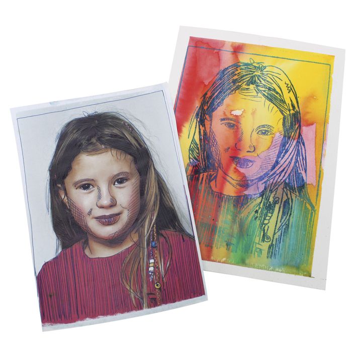 Printed portraits with oil pastel