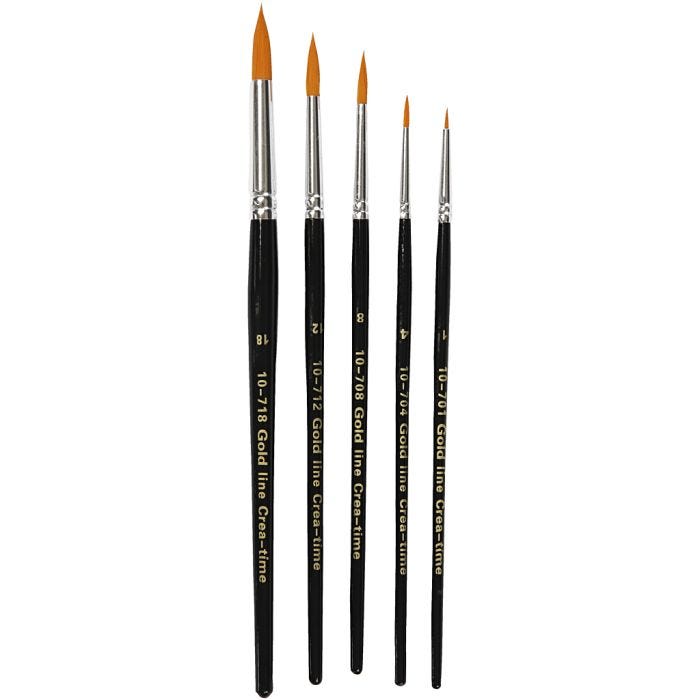 Gold Line penselen, 1+4+8+12+18, L: 17-19 cm, B: 1-7 mm, rond, 5stuk/ 1 doos